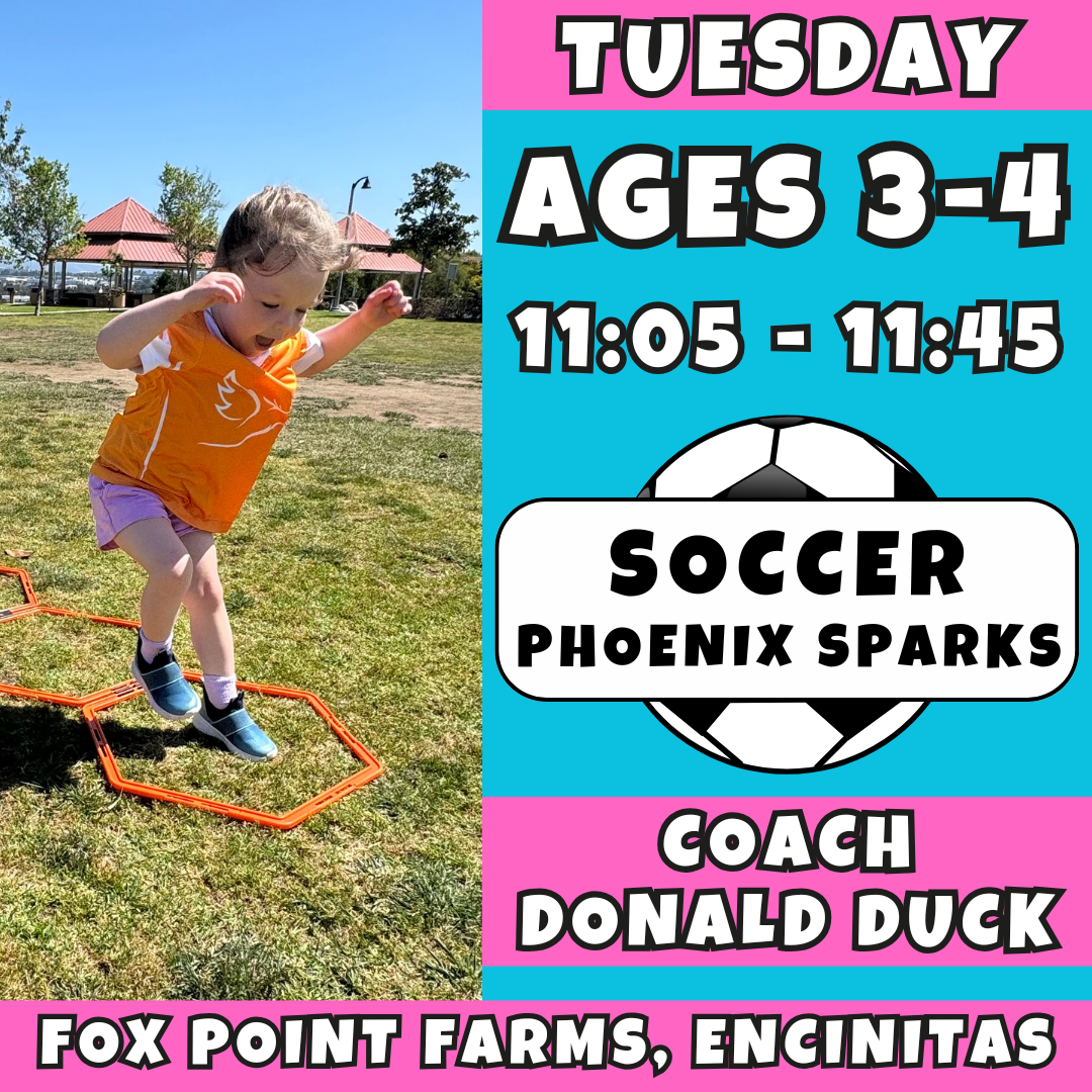 5/26 - 7/14  | Ages 3-4<br>Tuesday Kids Soccer<br>Fox Point Farms, Encinitas<br>10 Total Spots