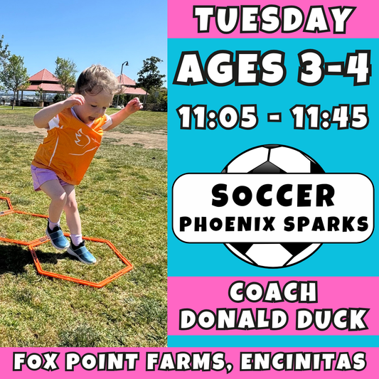 5/26 - 7/14  | Ages 3-4<br>Tuesday Kids Soccer<br>Fox Point Farms, Encinitas<br>10 Total Spots